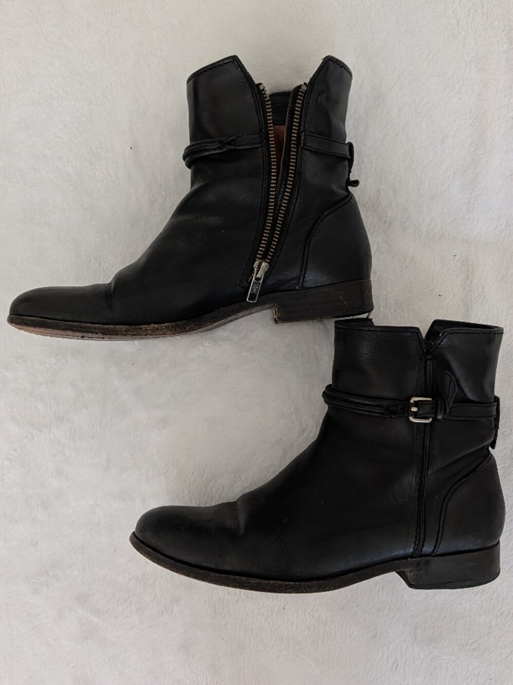 Frye Black Leather Side-Zip Ankle Boots with Buckle Accent